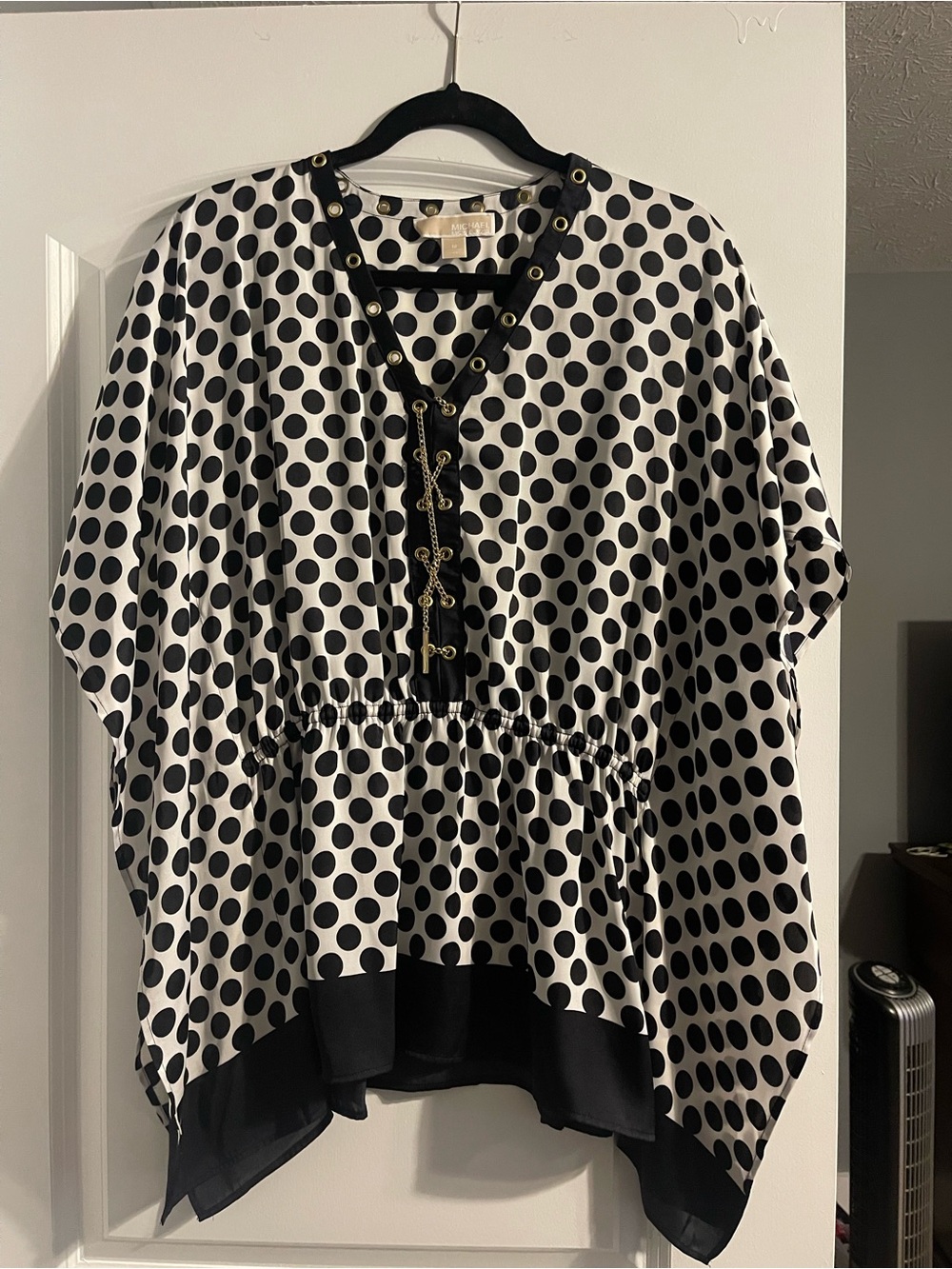 Michael Kors Black & White Polka Dot V-Neck Peplum Tunic